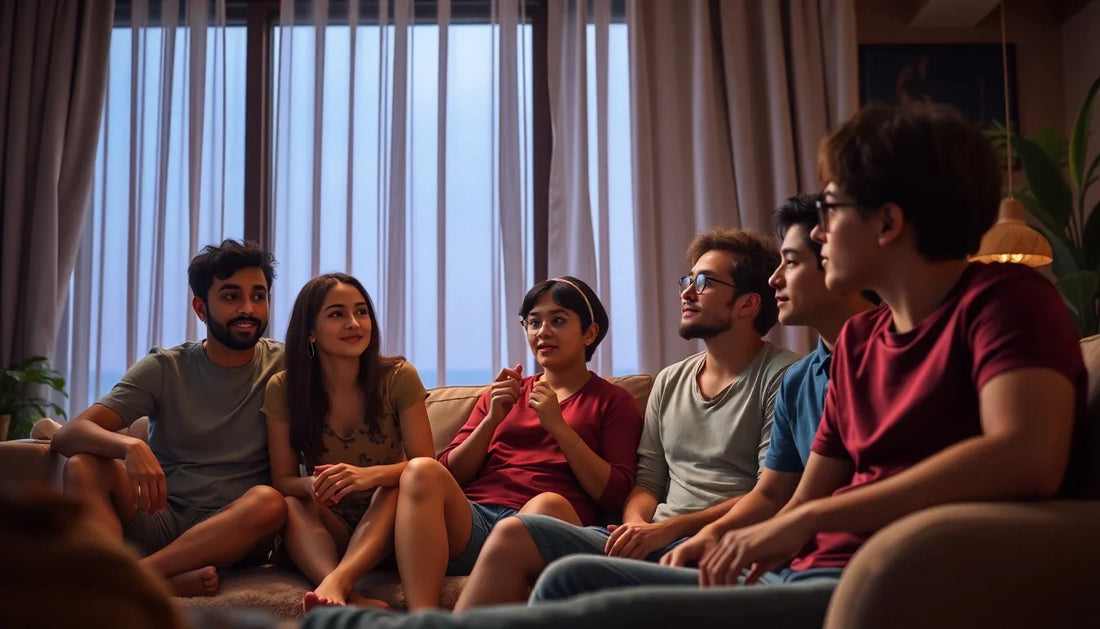A realistic group of friends watching One Piece together