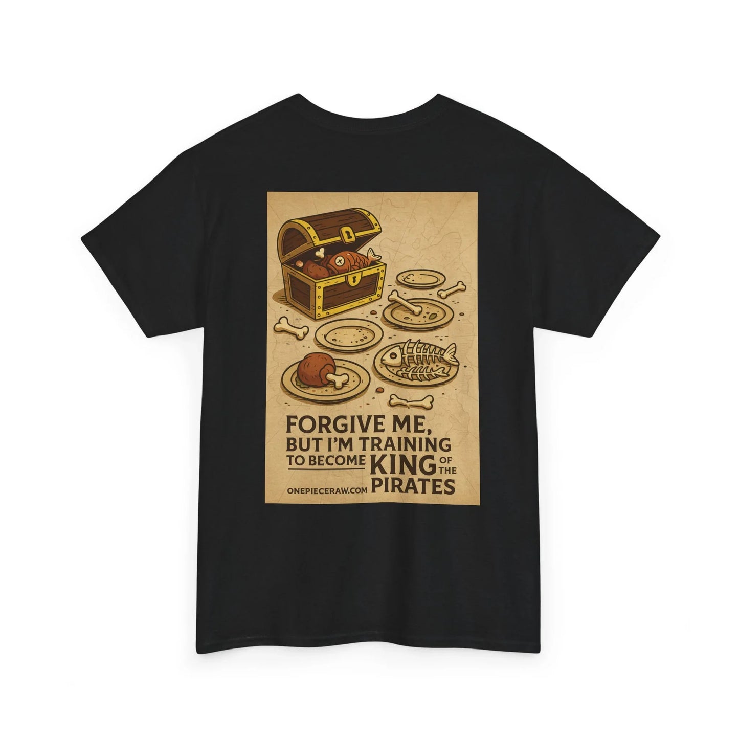 Black anime king of the pirates shirt with treasure chest and pirate-themed meal graphic