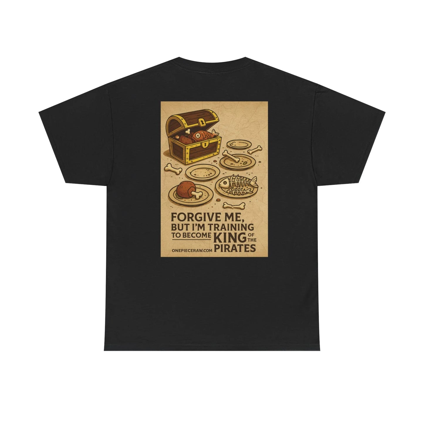 Black anime king of the pirates shirt with treasure chest and food design on back by Printify