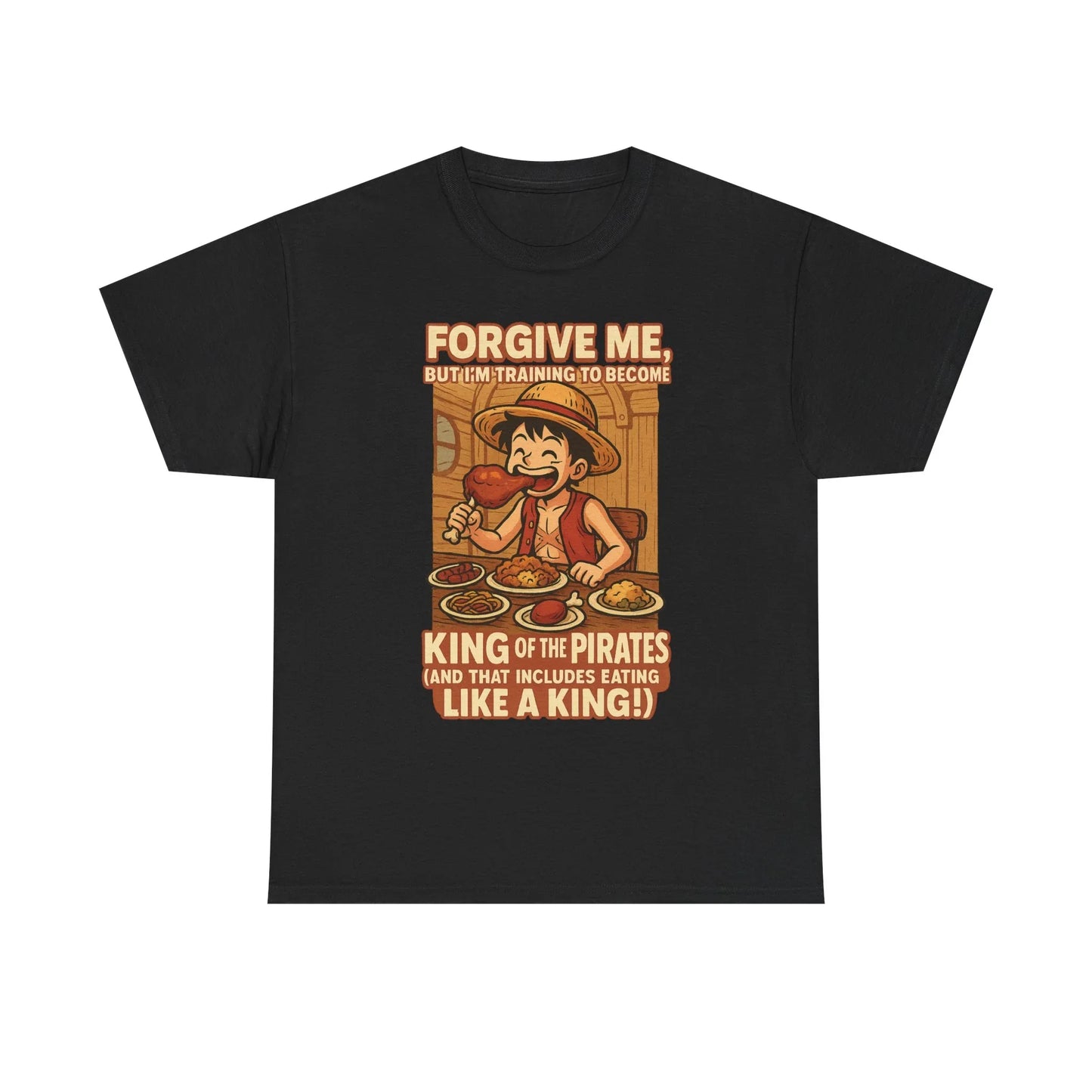Black anime king of the pirates shirt featuring a cartoon pirate eating meat and text about training to become king