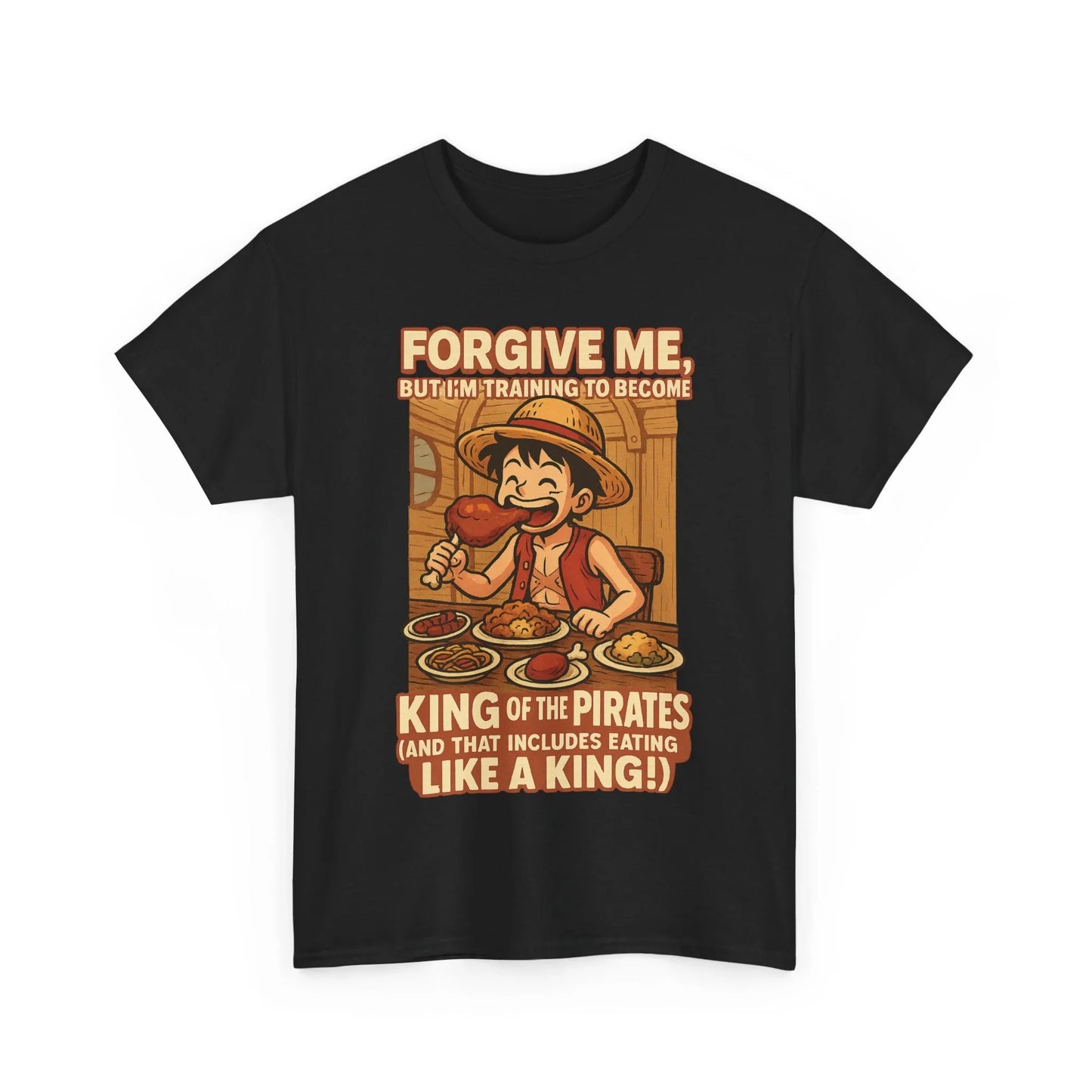 Black anime king of the pirates shirt featuring a pirate eating with text about training to become king of the pirates