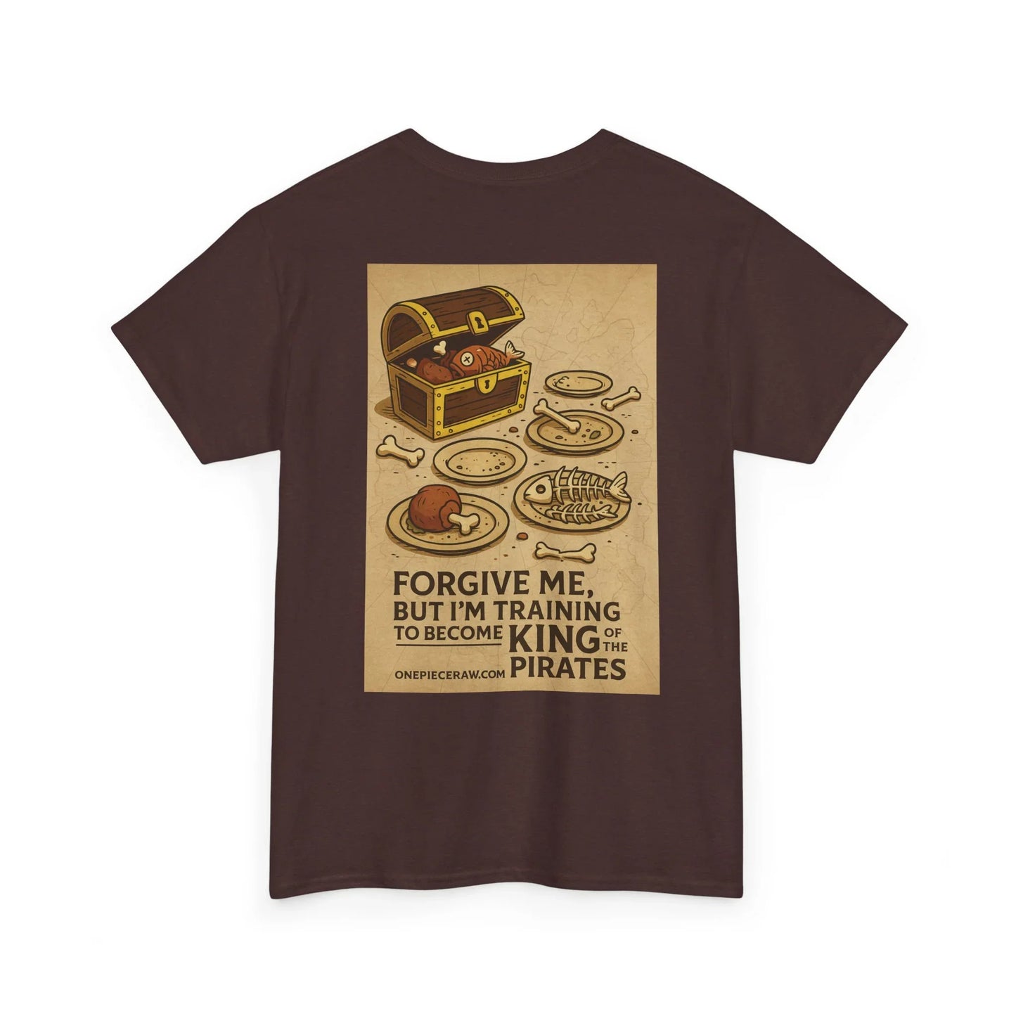 Brown Printify anime king of the pirates shirt with treasure chest and pirate food graphic