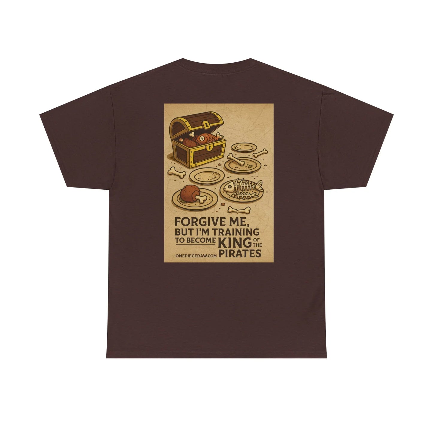 Printify brown anime king of the pirates shirt with treasure chest and pirate training design