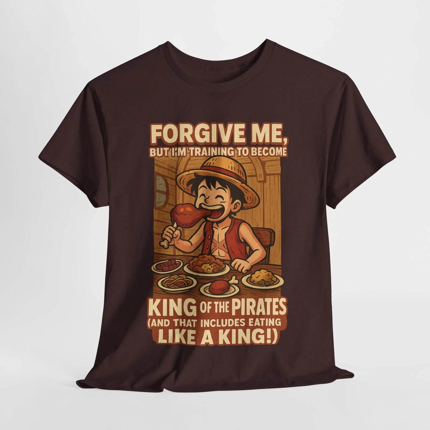 Brown anime king of the pirates shirt featuring a pirate eating a large meal and training to become king