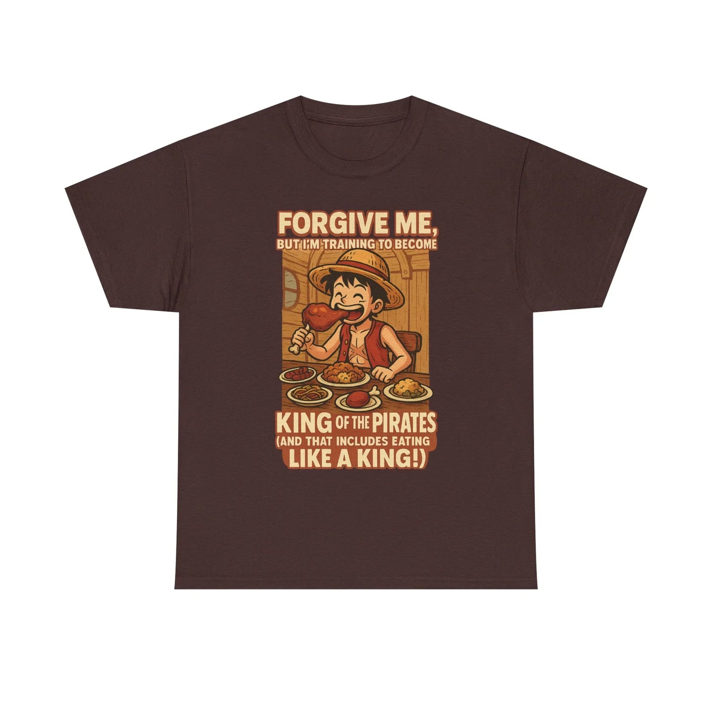 Brown anime king of the pirates shirt with cartoon pirate eating food graphic by Printify