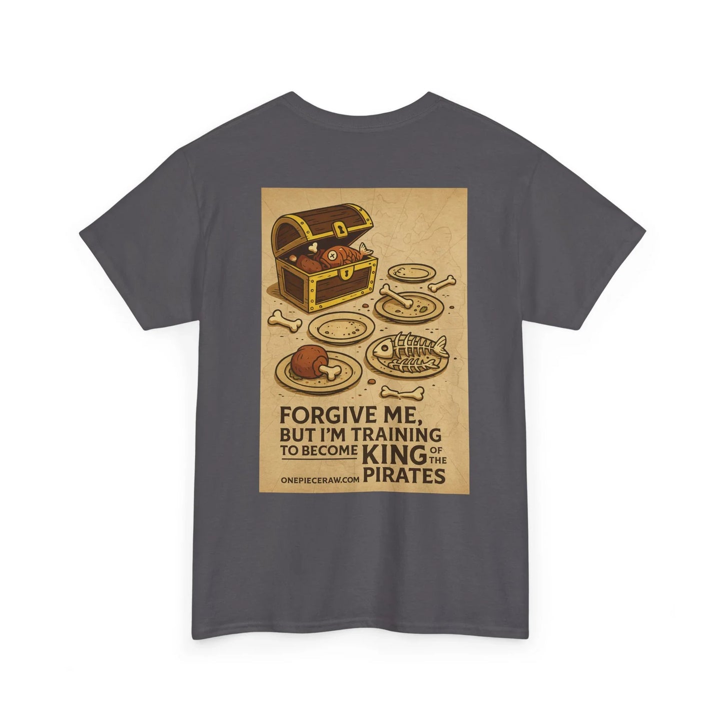 Printify gray anime king of the pirates shirt with pirate treasure chest and food graphic on back