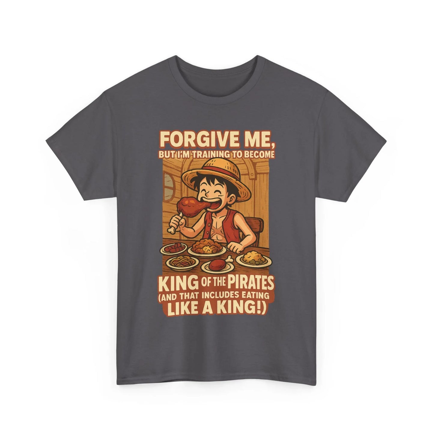 Printify anime king of the pirates shirt with cartoon pirate eating food and funny text design