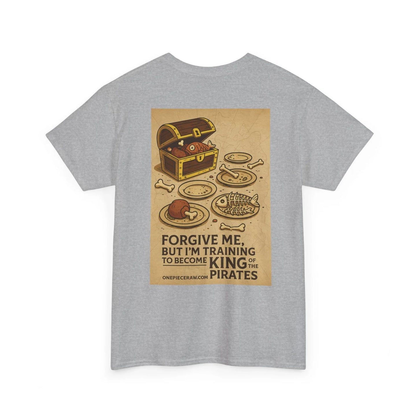 Gray Printify t-shirt with anime king of the pirates shirt design featuring a treasure chest and pirate food