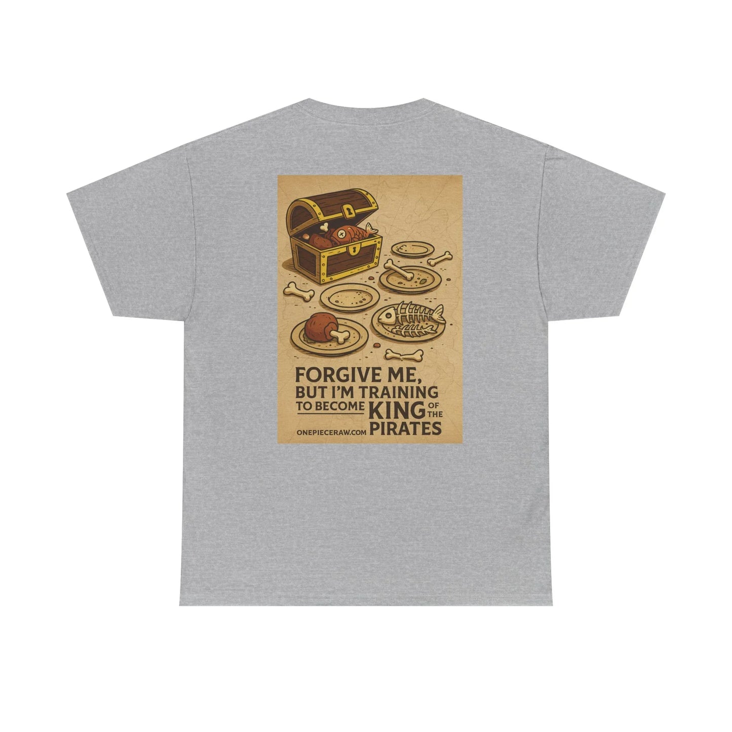 Gray Printify T-shirt with anime king of the pirates shirt design featuring treasure chest and pirate-themed food