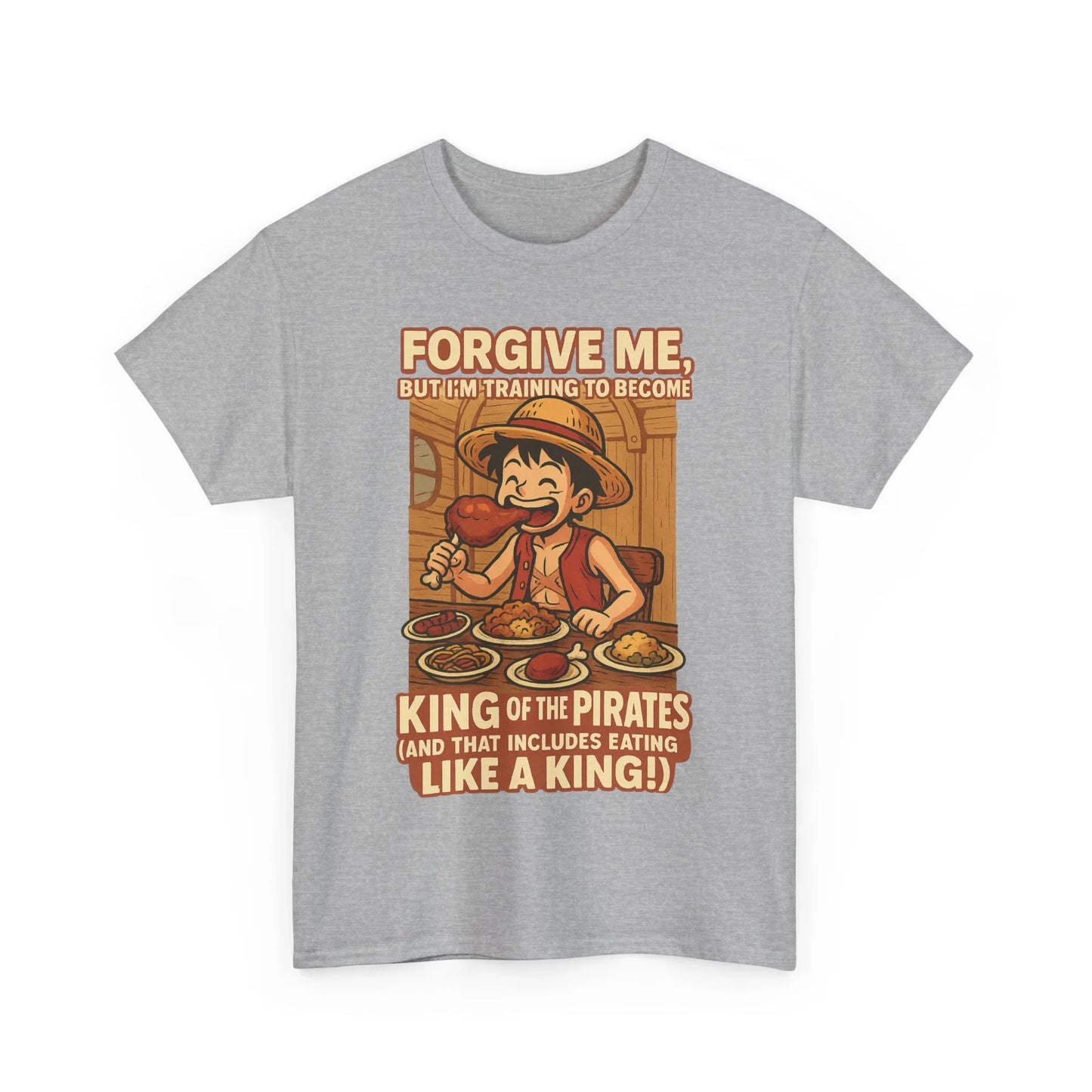 Printify grey anime king of the pirates shirt with cartoon pirate eating food and text design