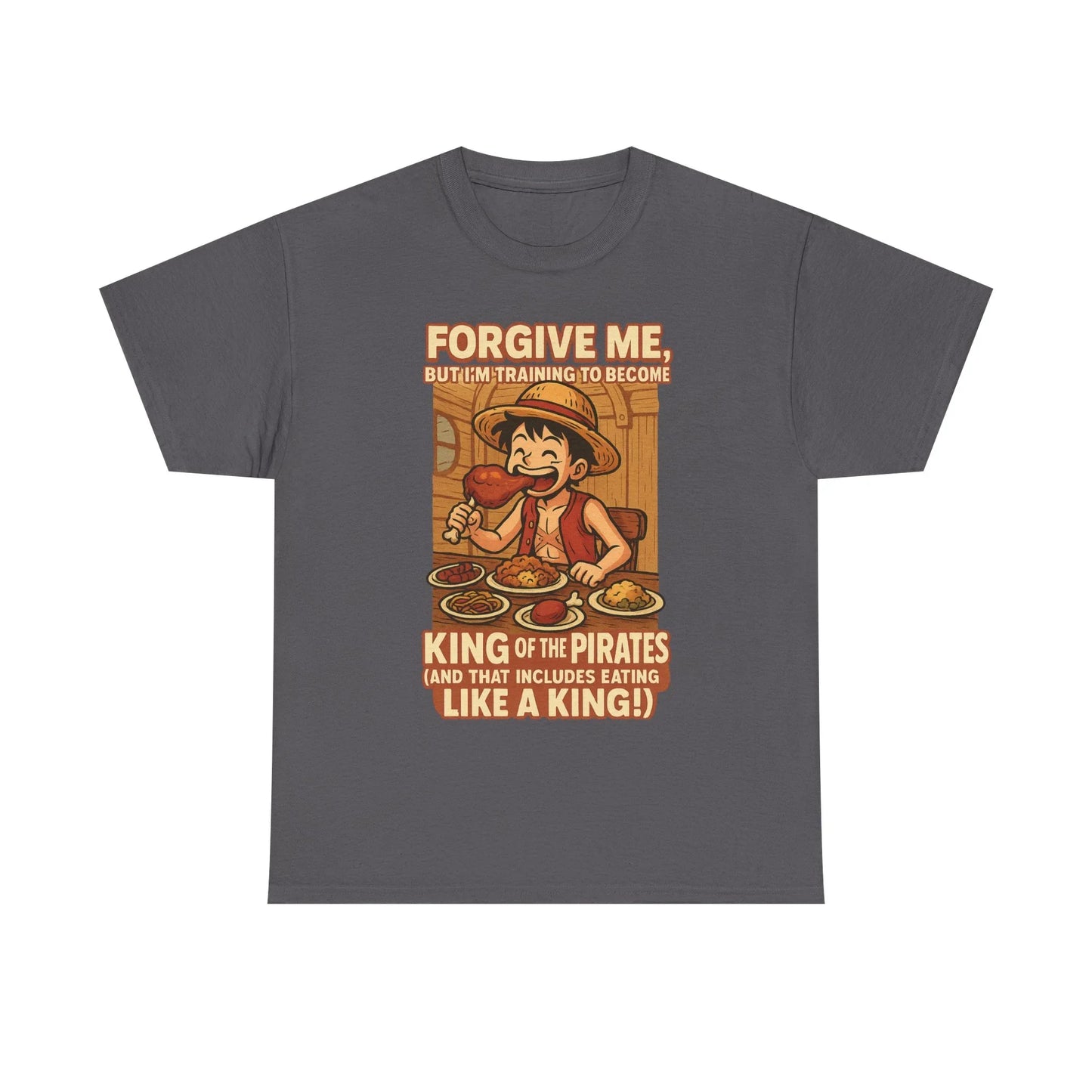 Printify gray anime king of the pirates shirt featuring a character eating food with text in yellow and orange