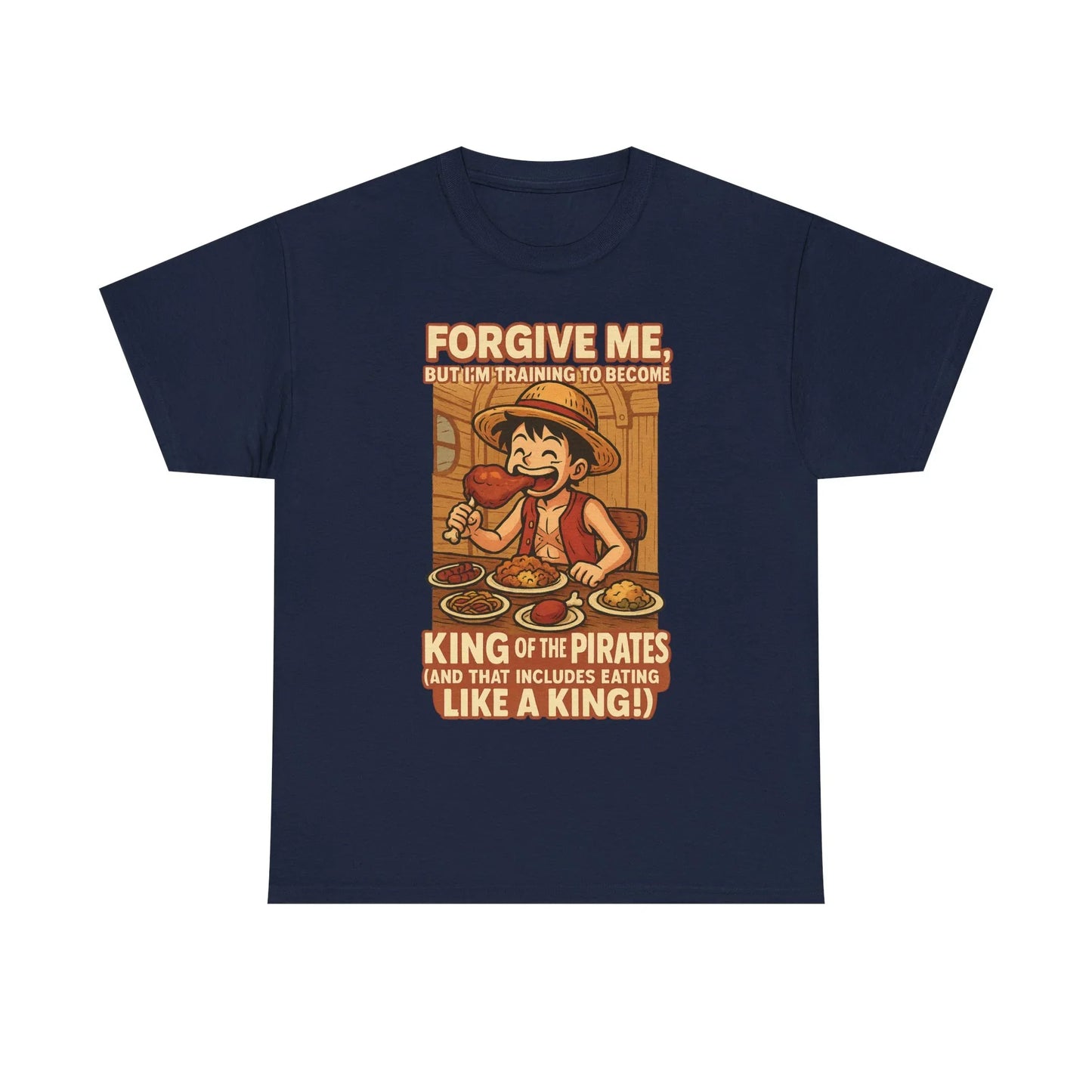 Navy anime king of the pirates shirt with cartoon pirate eating food and text design