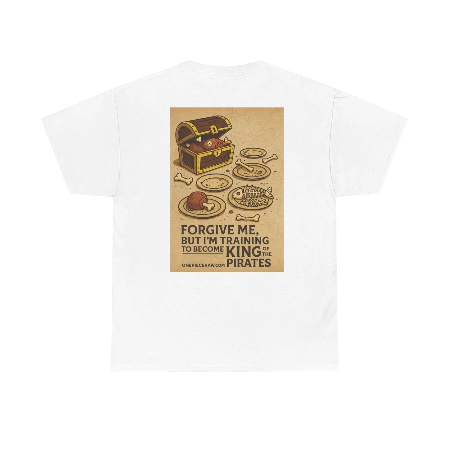 White Printify anime king of the pirates shirt with pirate treasure chest and food illustration