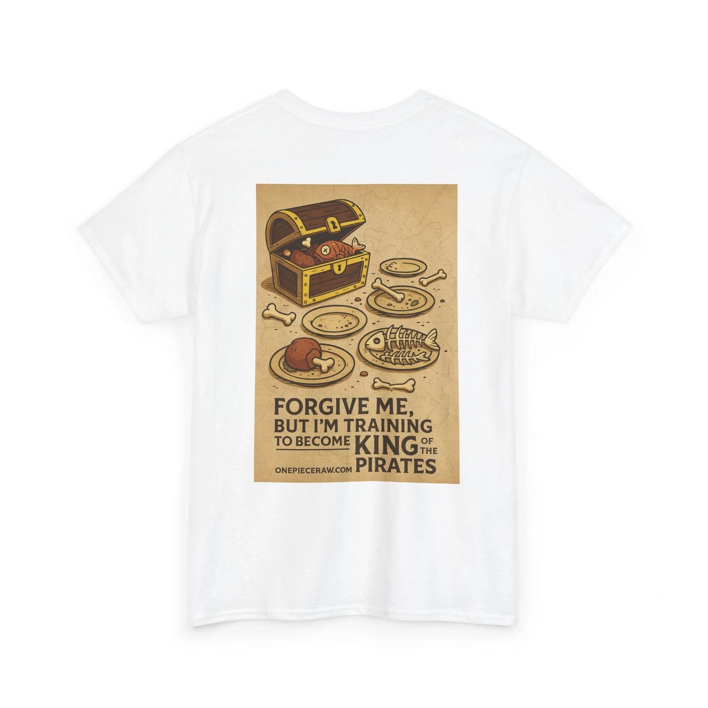 White anime king of the pirates shirt with treasure chest and seafood design on back