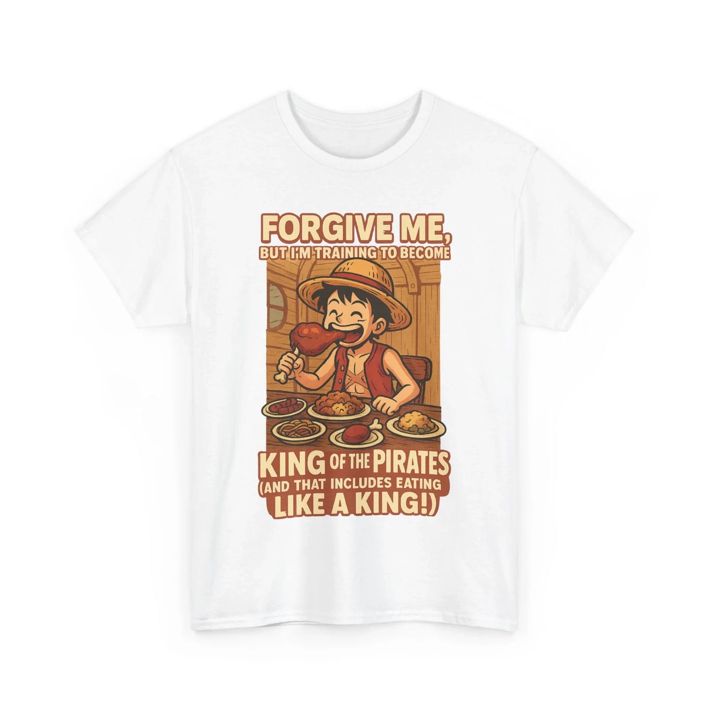 White anime king of the pirates shirt with a cartoon pirate eating food and text graphic