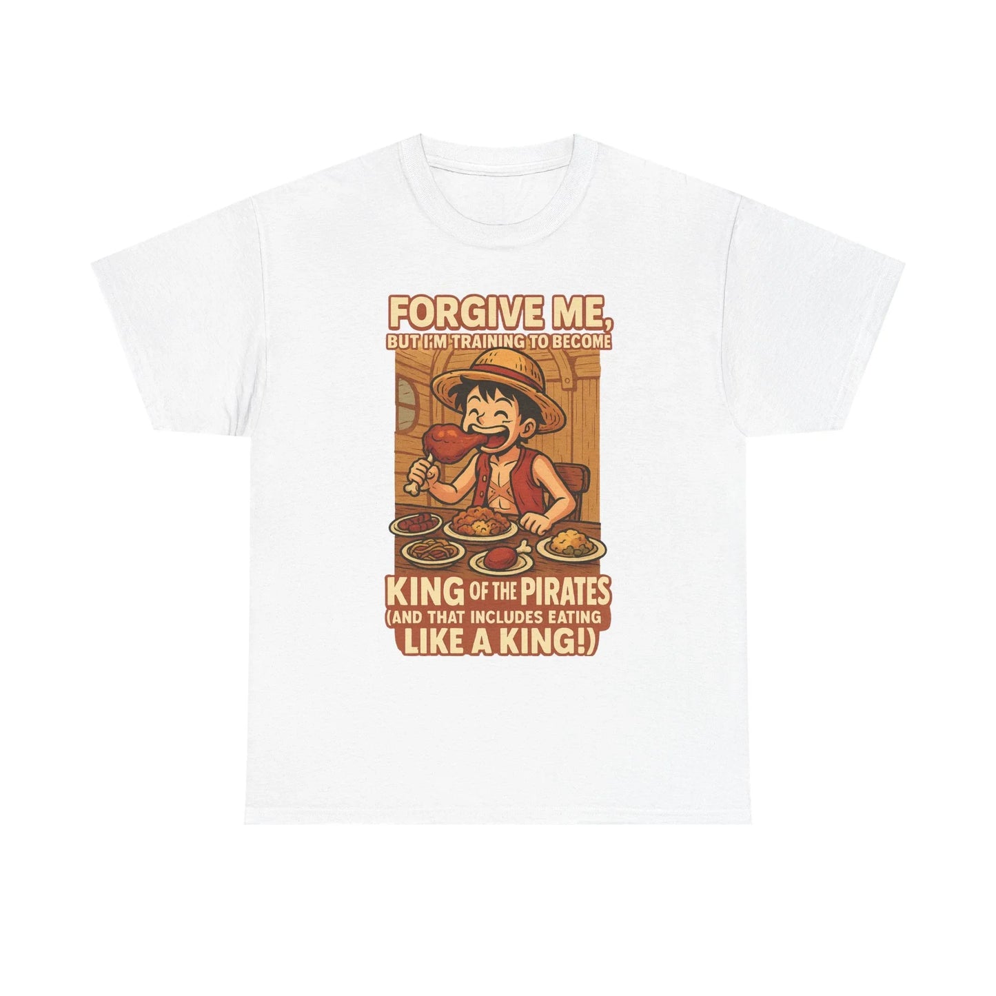 White Printify t-shirt featuring anime king of the pirates shirt design with character eating food