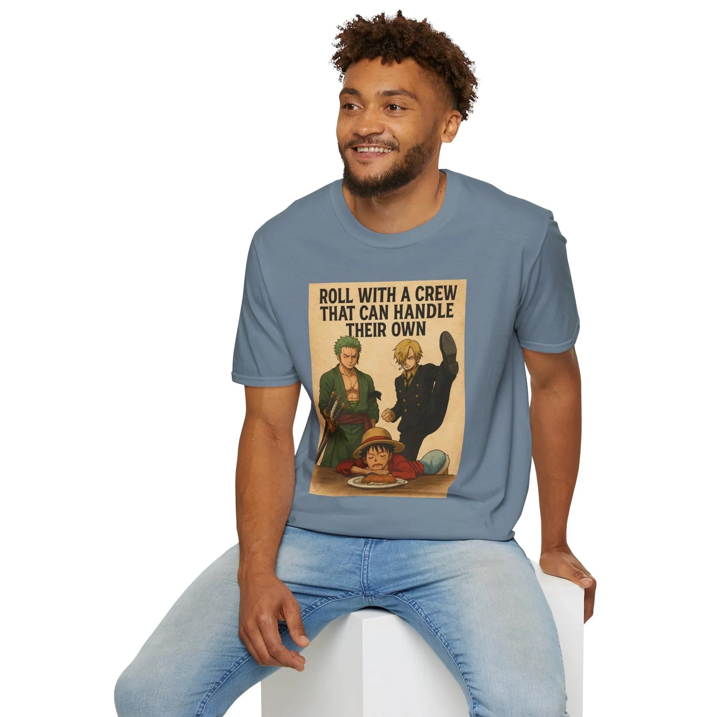 Printify One Piece anime t-shirt with crew graphic worn by a smiling man in light blue jeans