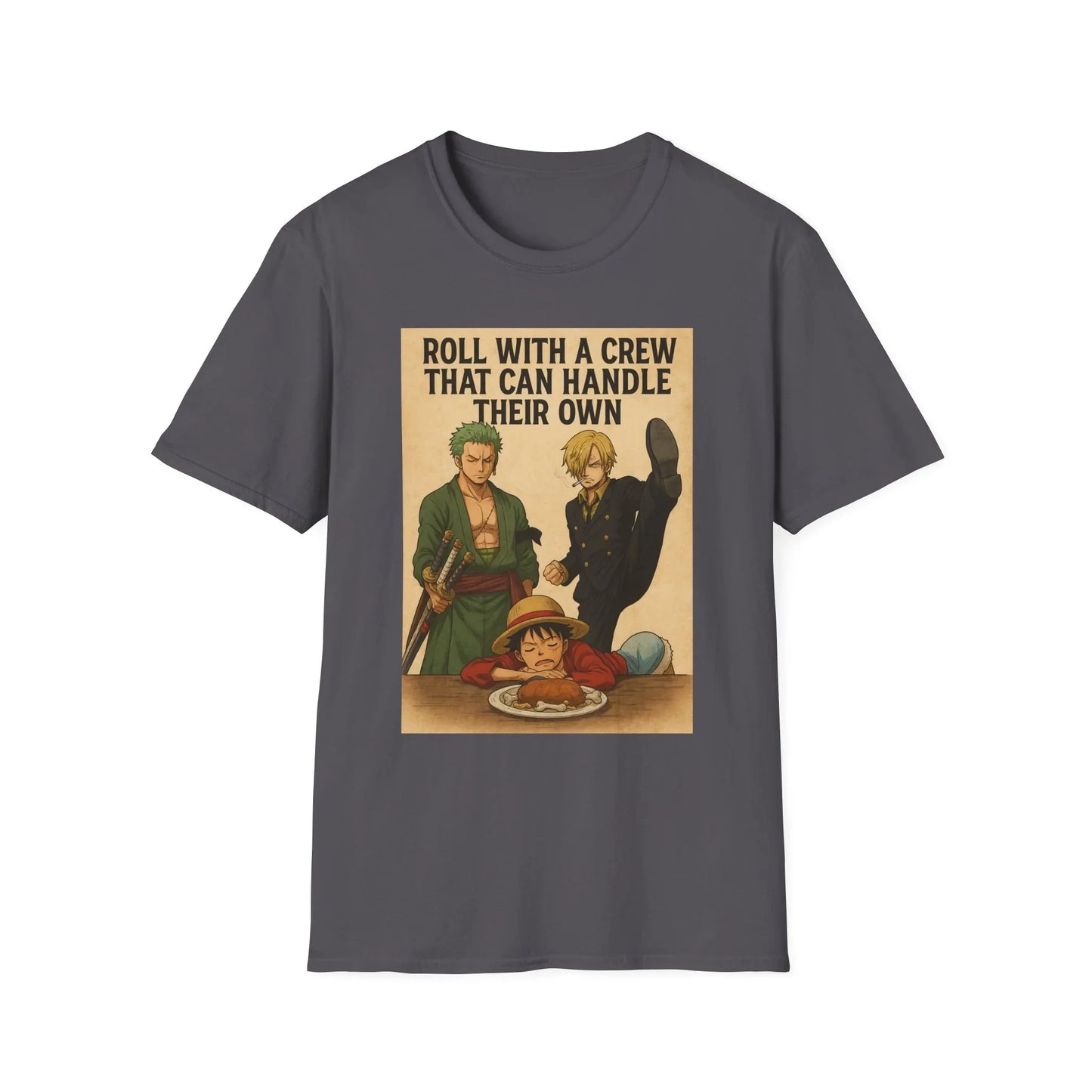 Printify One Piece anime t-shirt with graphic of three characters and quote roll with a crew