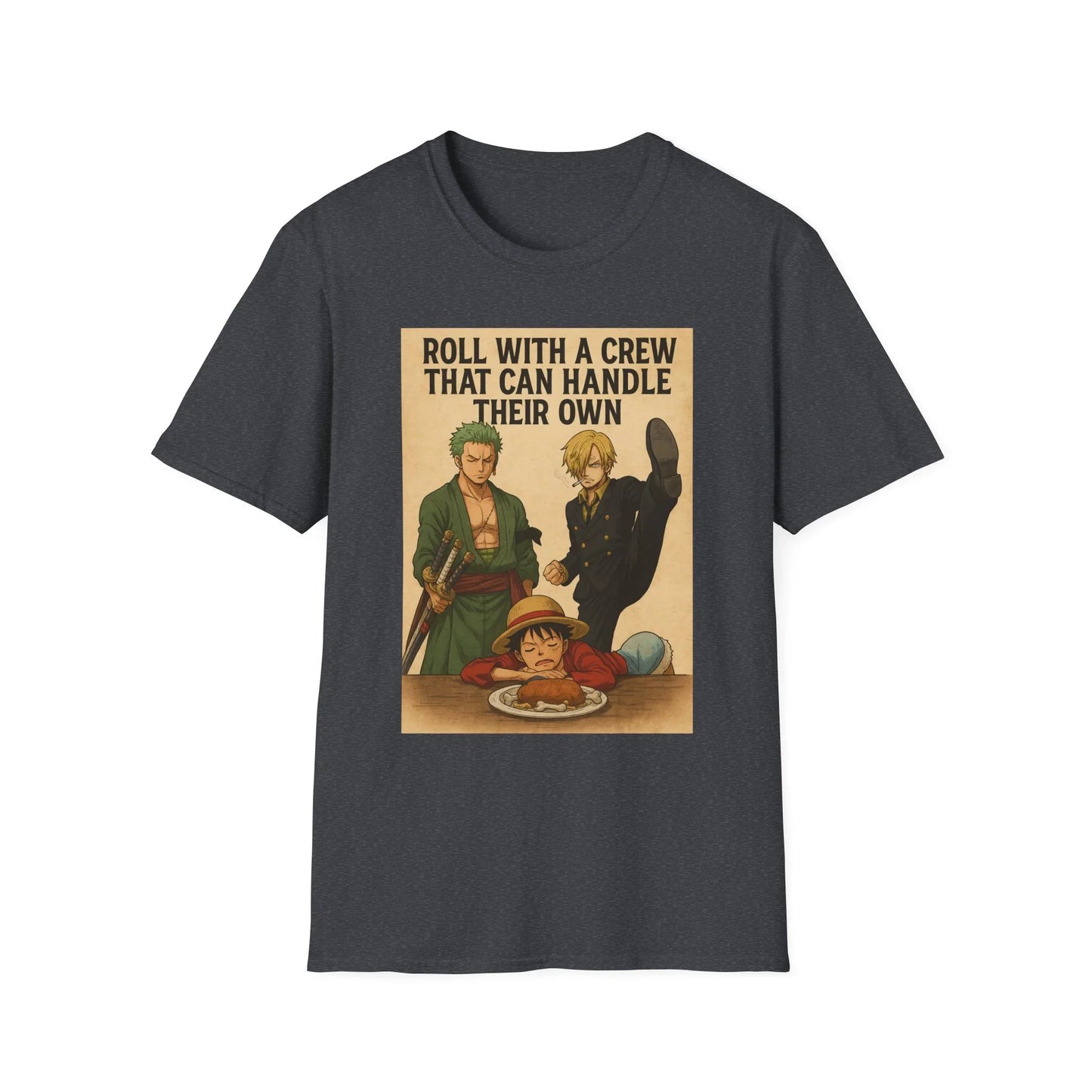 Printify black One Piece anime t-shirt featuring Roronoa Zoro, Sanji, and Luffy with quote design