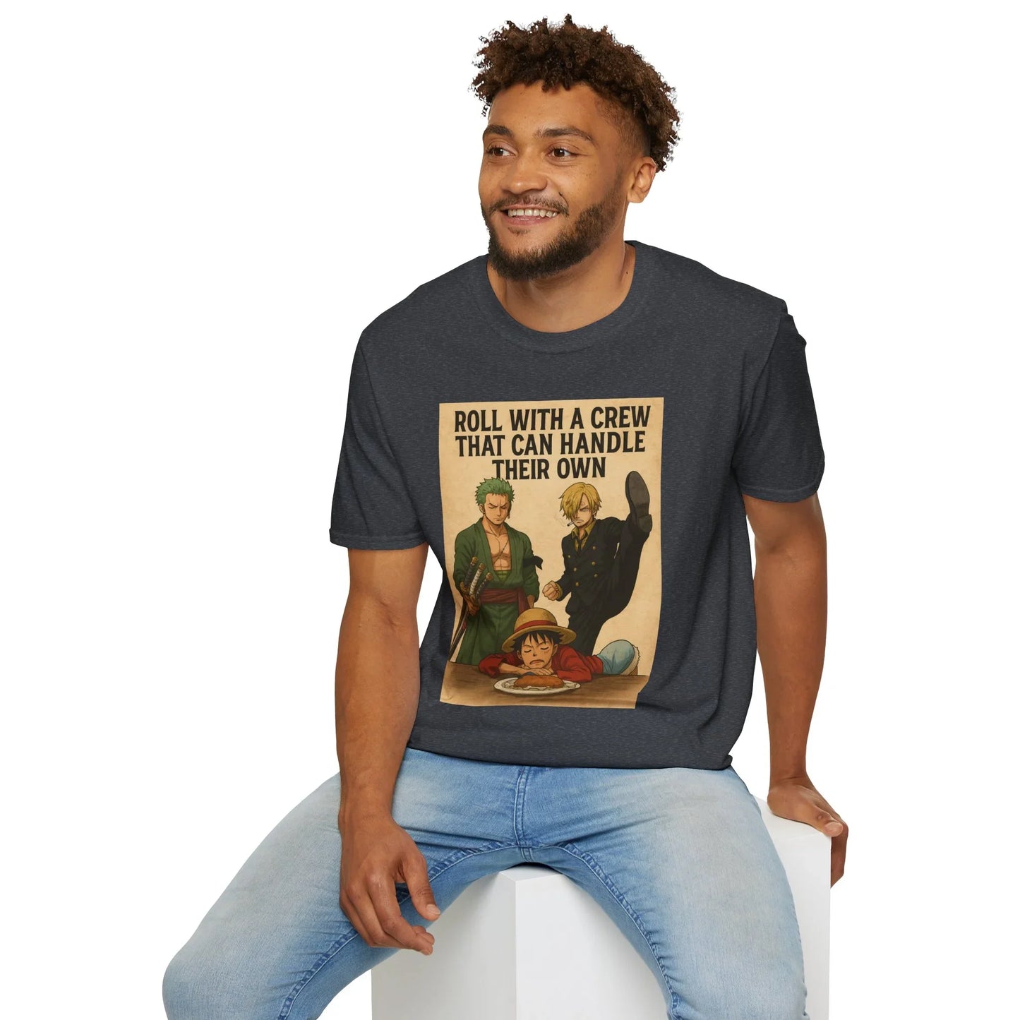 Printify One Piece anime t-shirt featuring characters with quote roll with a crew that can handle their own