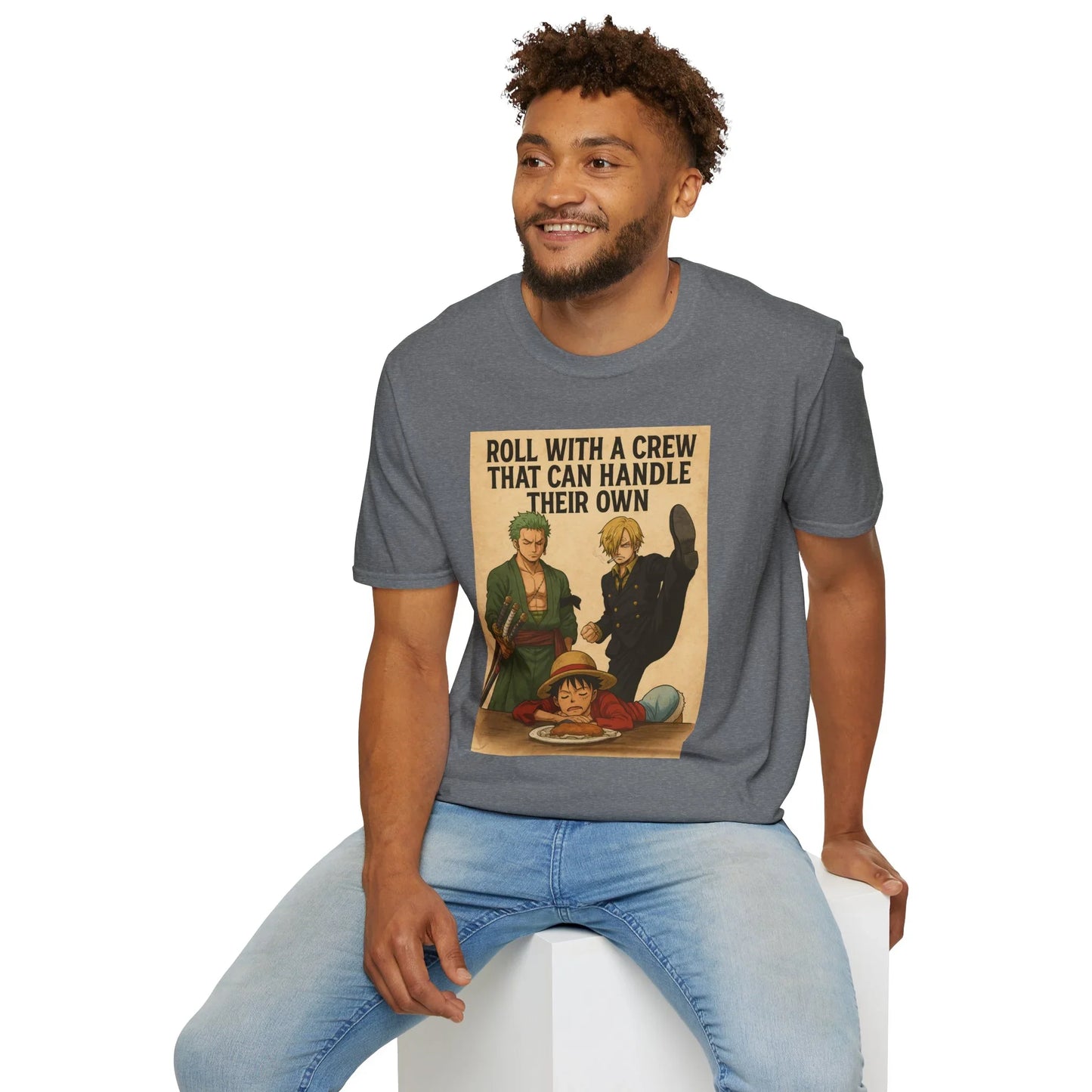 Printify One Piece anime t-shirt featuring three main characters and crew slogan on gray fabric
