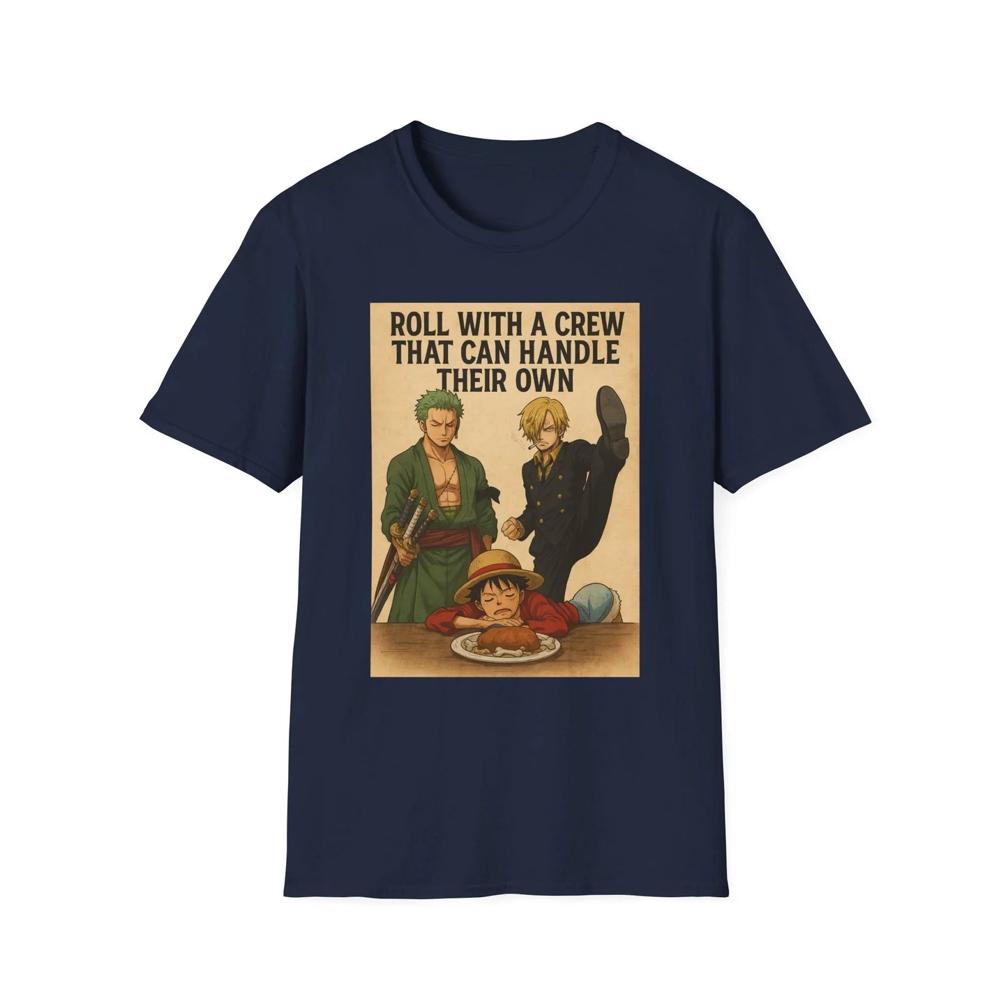 Navy Printify One Piece anime t-shirt featuring iconic crew characters and slogan design