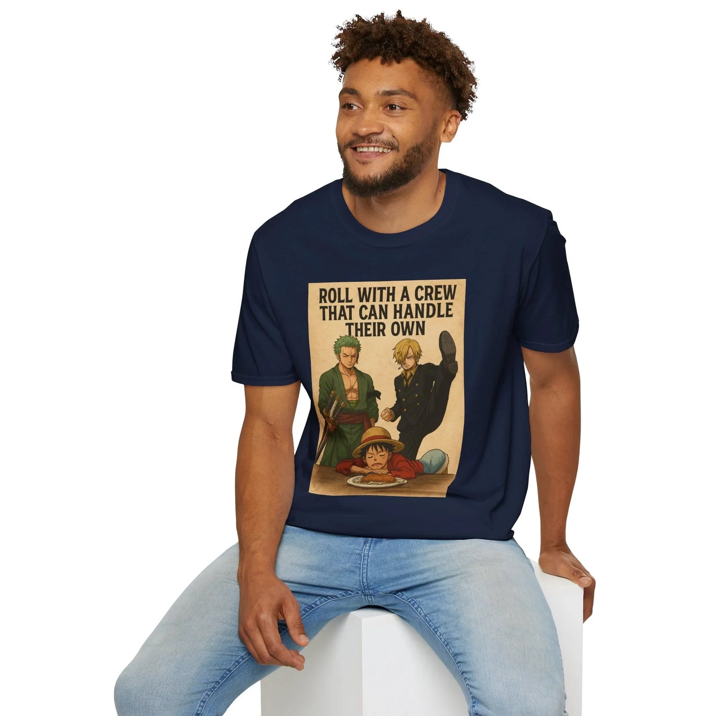 Navy One Piece anime t-shirt by Printify featuring Zoro, Sanji, and Luffy with quote on front