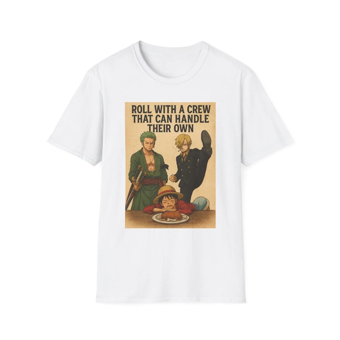 White Printify One Piece anime t-shirt featuring characters Zoro, Sanji, and Luffy with crew quote