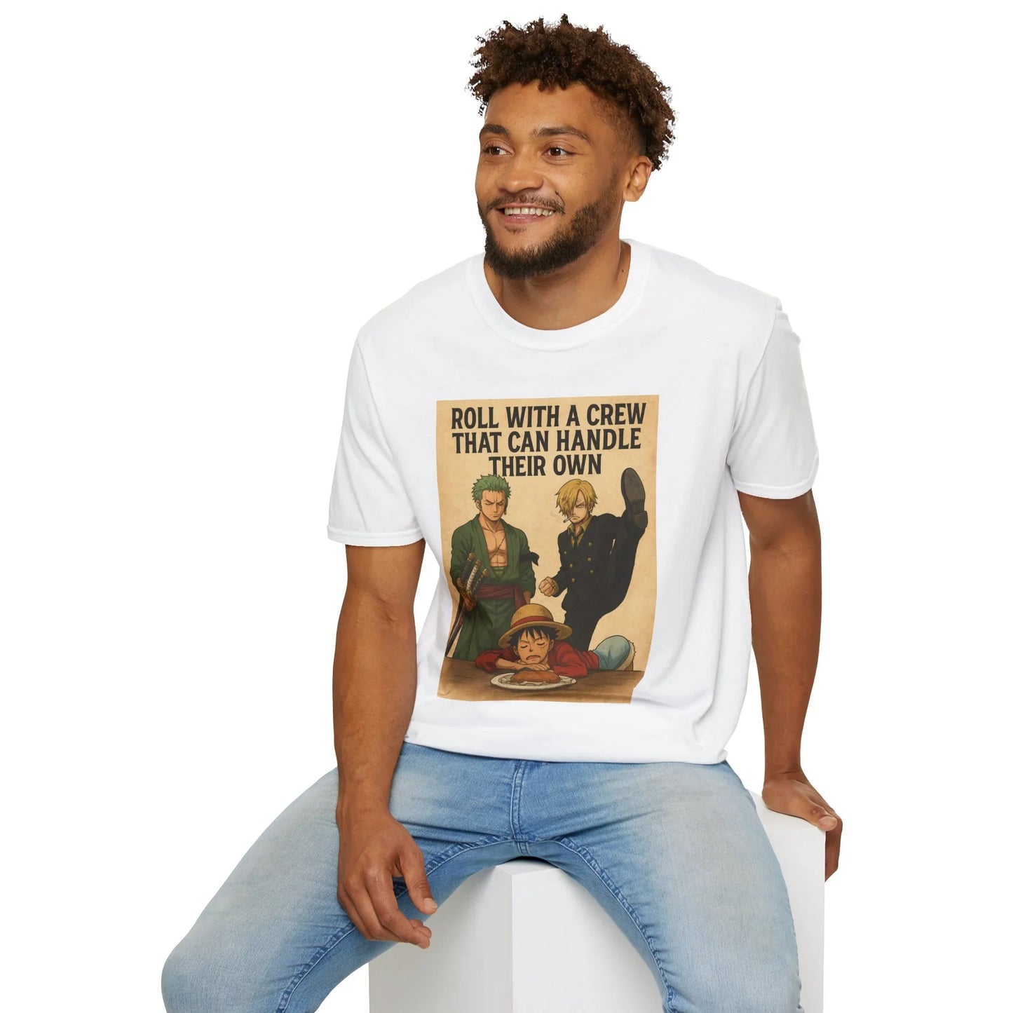 Printify One Piece anime t-shirt with crew graphic worn by smiling man in white tees and jeans
