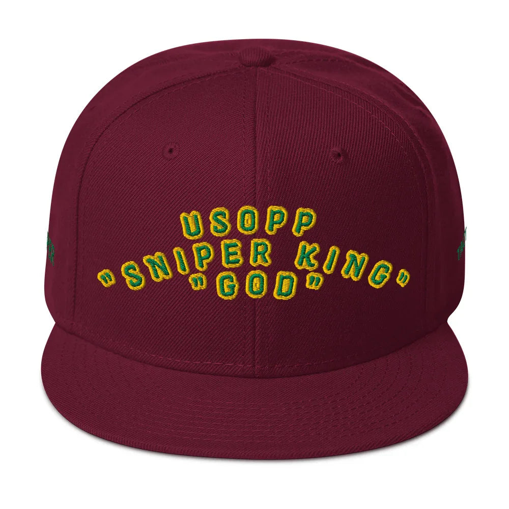 Maroon Sniper King God cap One Piece embroidered with Usopp text in yellow and green
