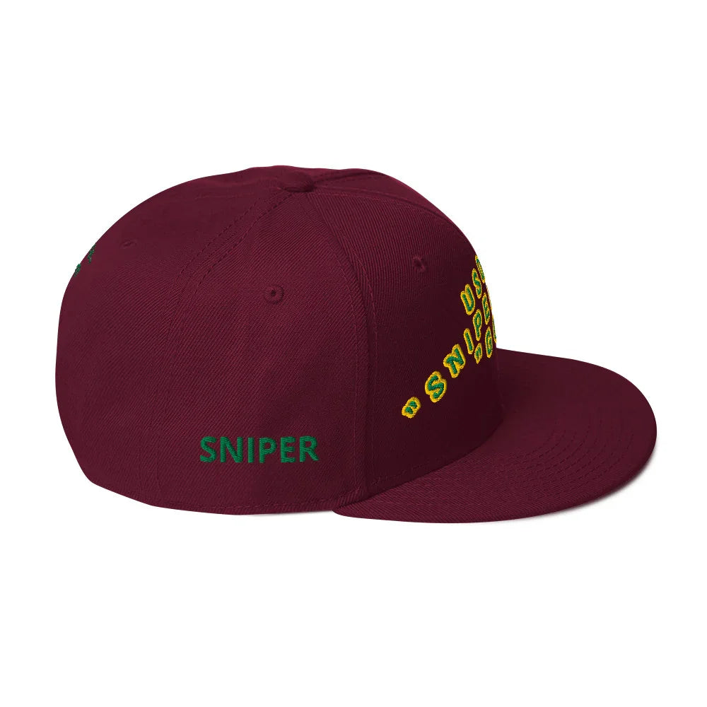 Maroon Sniper King God cap One Piece with embroidered text and flat brim by One Piece Raw