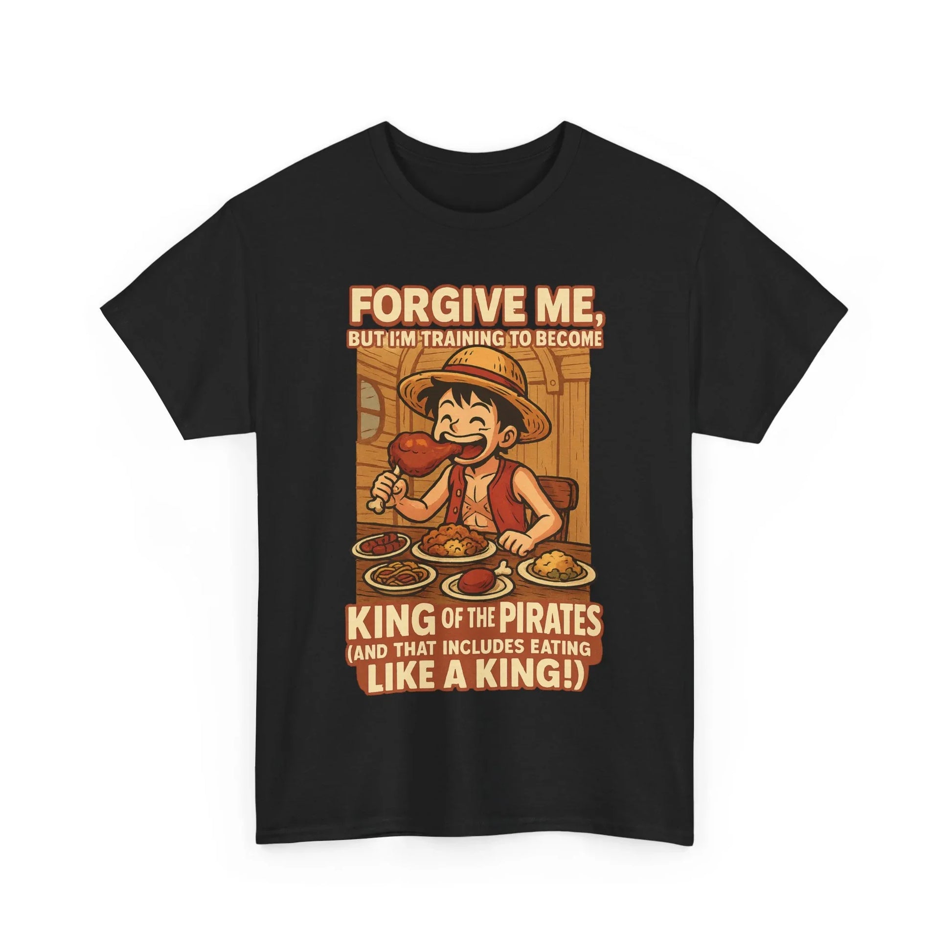 Black anime king of the pirates shirt featuring a pirate eating with text about training to become king of the pirates