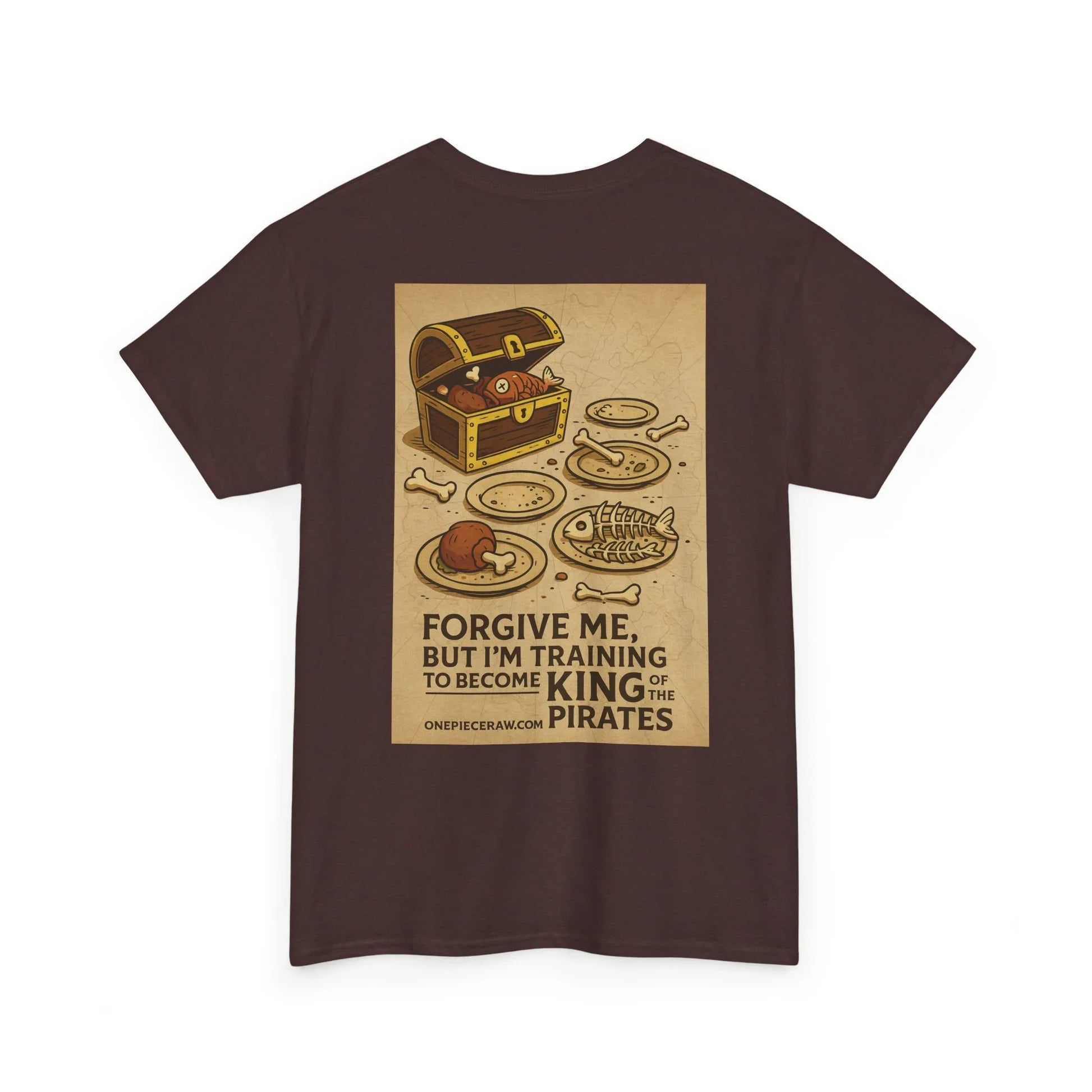 Brown Printify anime king of the pirates shirt with treasure chest and pirate food graphic