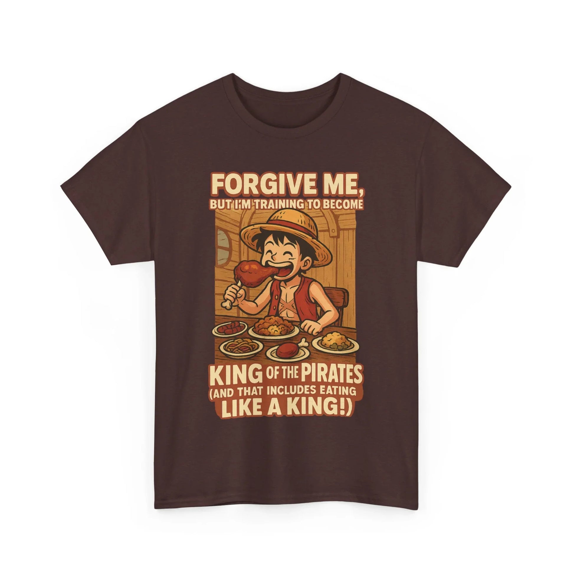 Brown anime king of the pirates shirt featuring cartoon pirate eating food with text forgiveness and training