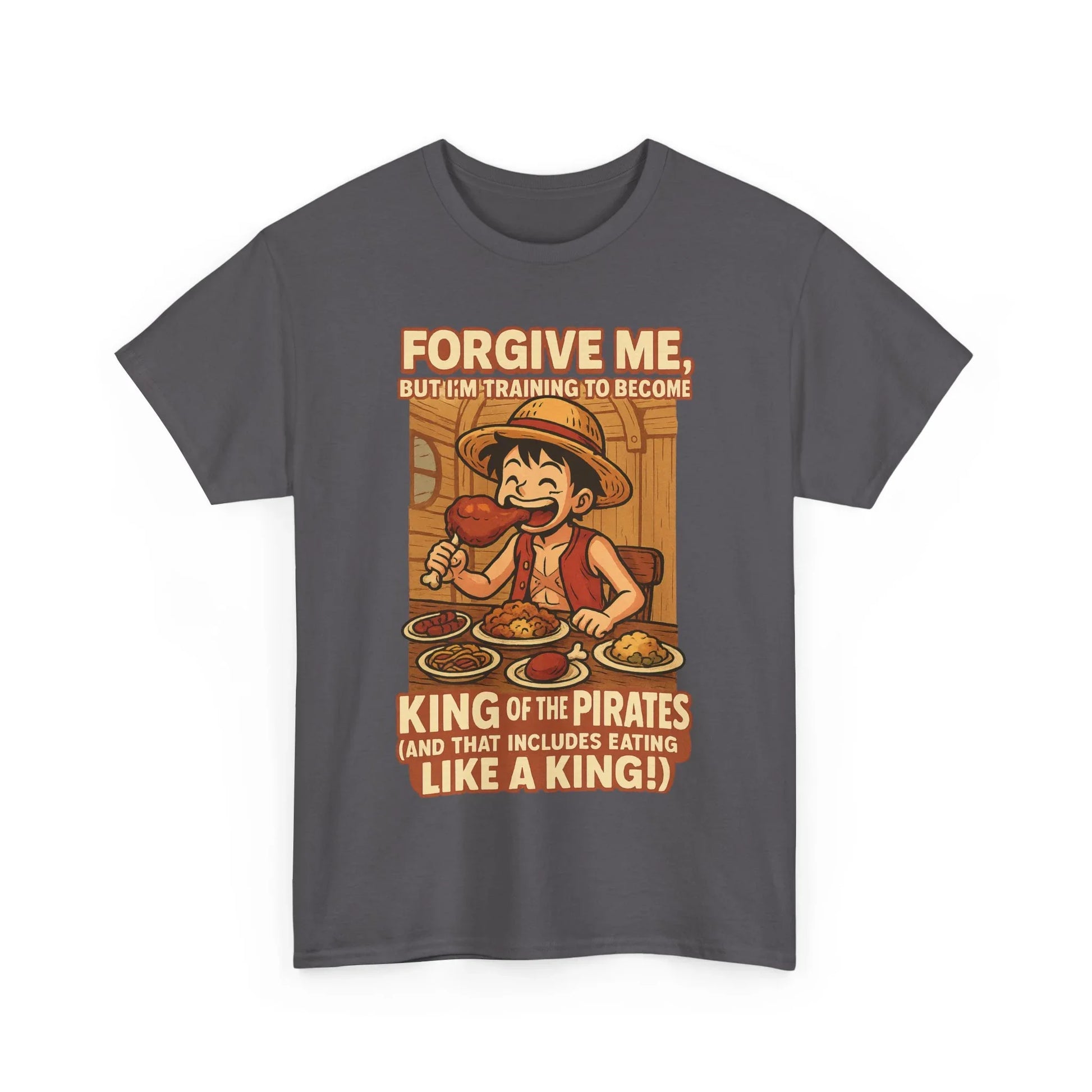 Printify anime king of the pirates shirt with cartoon pirate eating food and funny text design