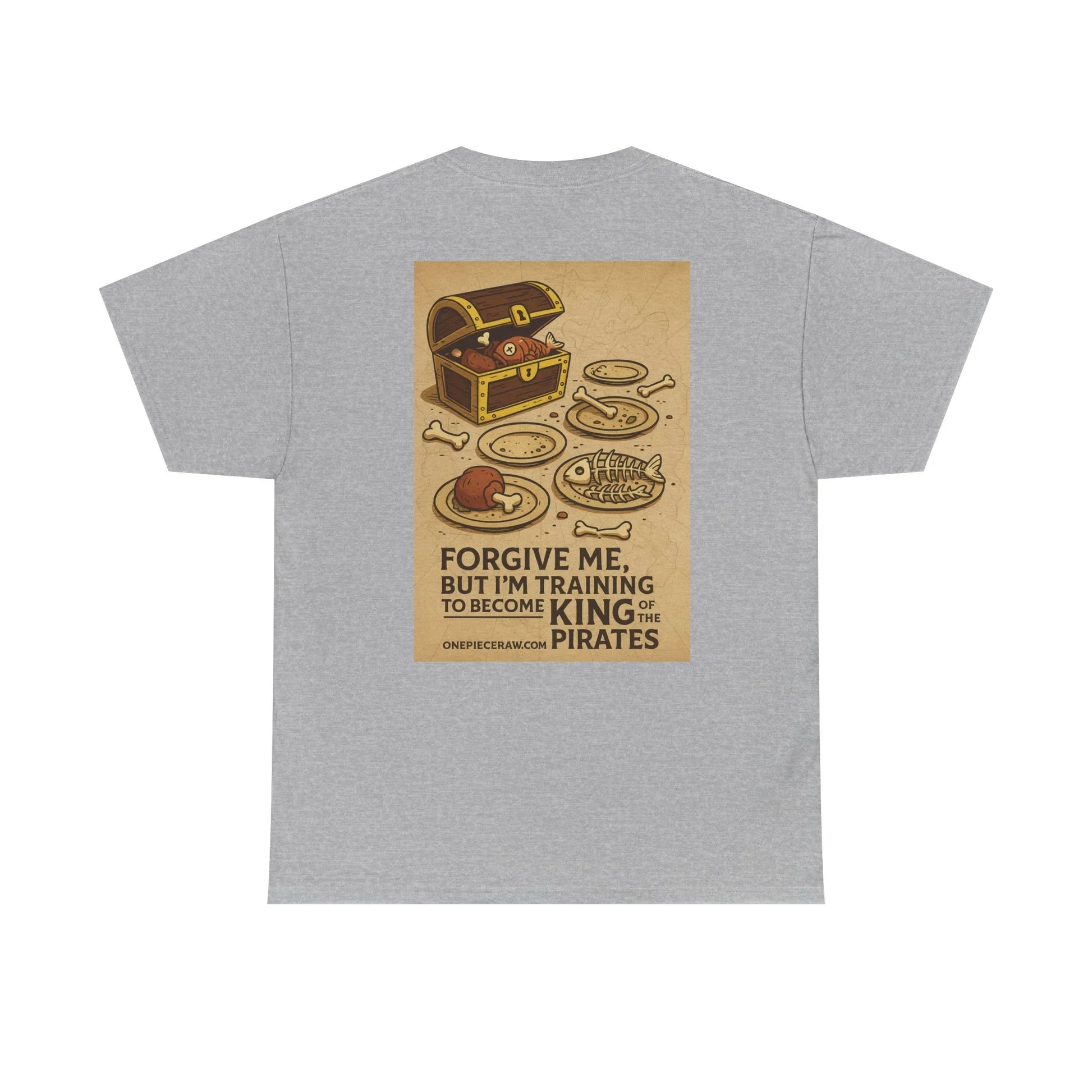 Gray Printify T-shirt with anime king of the pirates shirt design featuring treasure chest and pirate-themed food