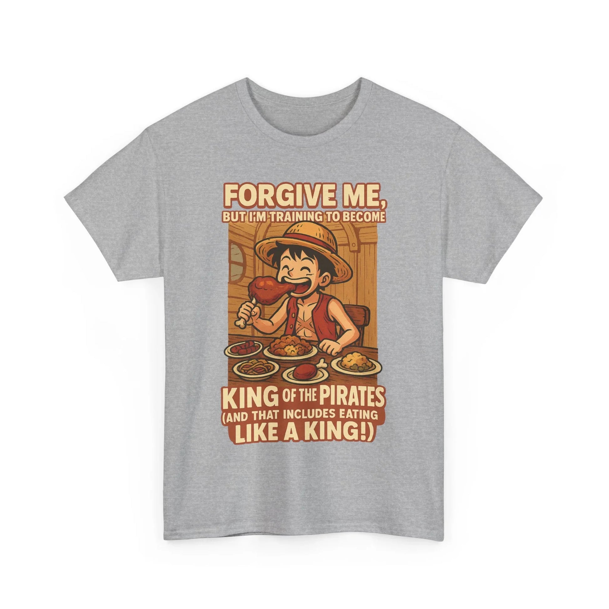 Printify grey anime king of the pirates shirt with cartoon pirate eating food and text design