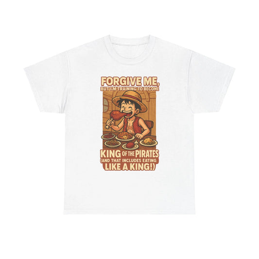 White Printify t-shirt featuring anime king of the pirates shirt design with character eating food