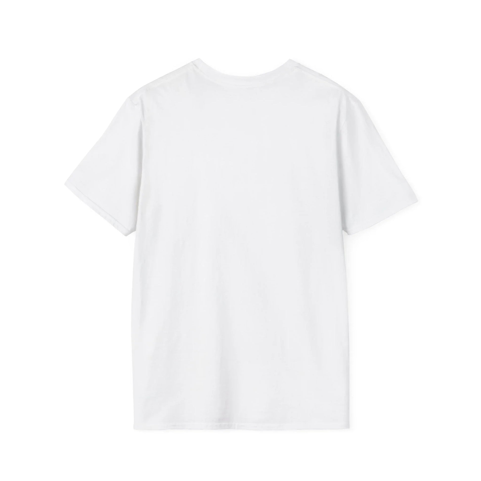 Plain white One Piece anime t-shirt by Printify showing the back view with short sleeves