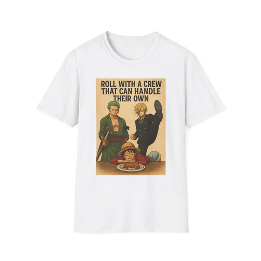White Printify One Piece anime t-shirt featuring characters Zoro, Sanji, and Luffy with crew quote