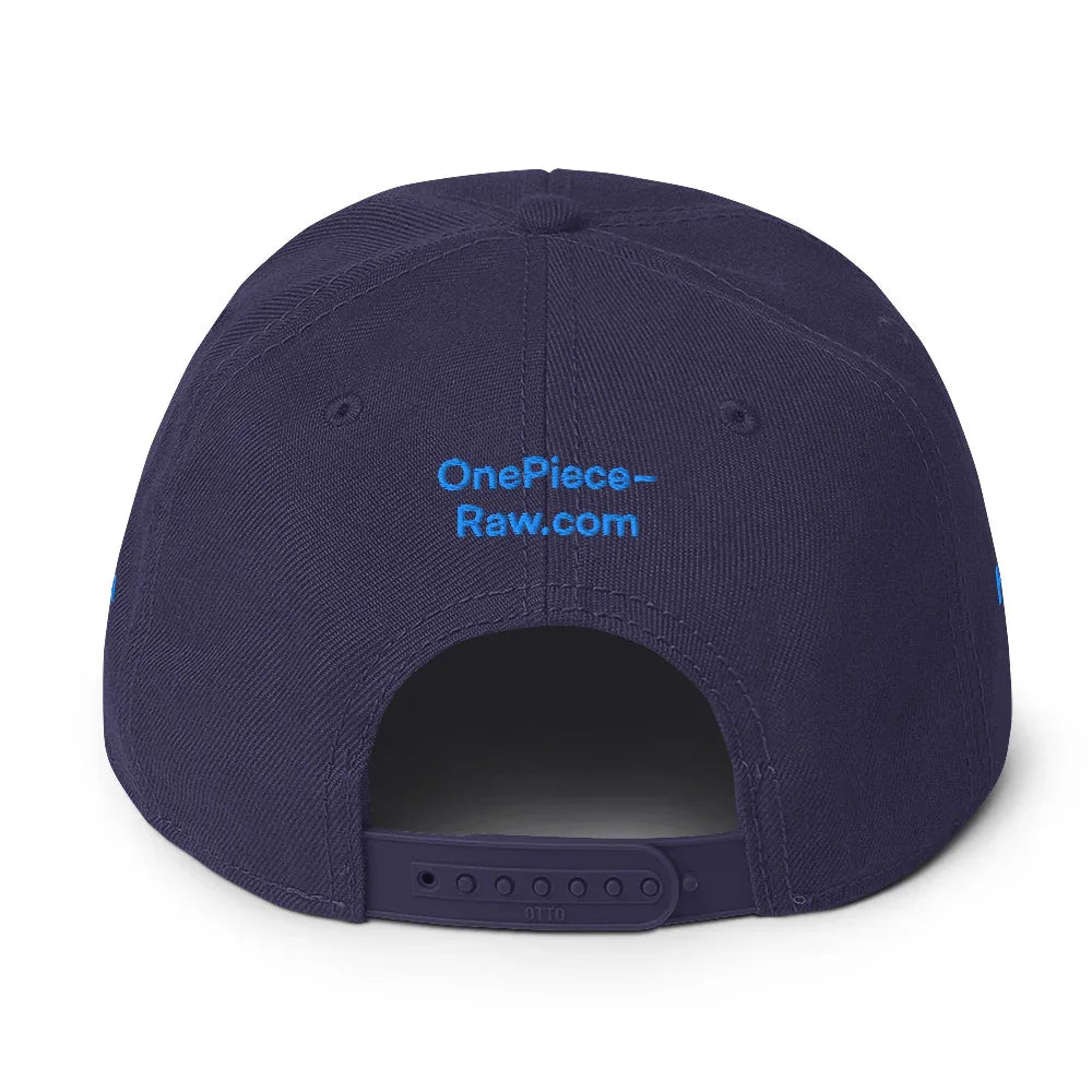 Back view of navy blue One Piece Jinbe snapback hat with adjustable strap and OnePiece-Raw.com embroidery
