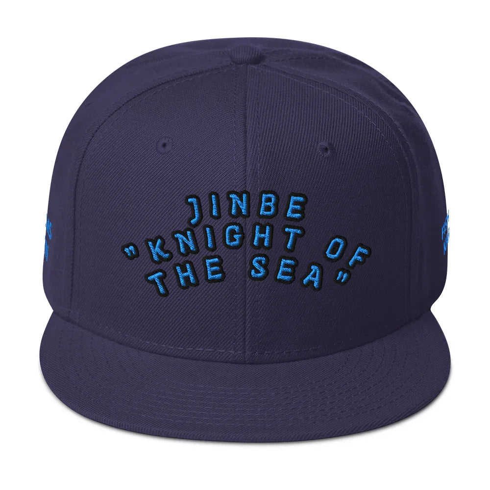 One Piece Jinbe snapback hat in navy blue with Knight of the Sea embroidered text